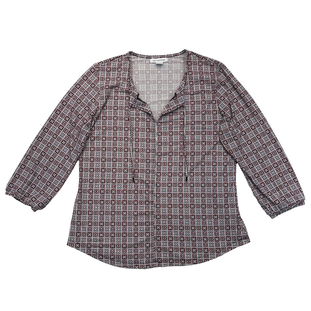 Liz Claiborne Women's Size L Tie Neck 3/4 Sleeve Blouse Geometric Print Top